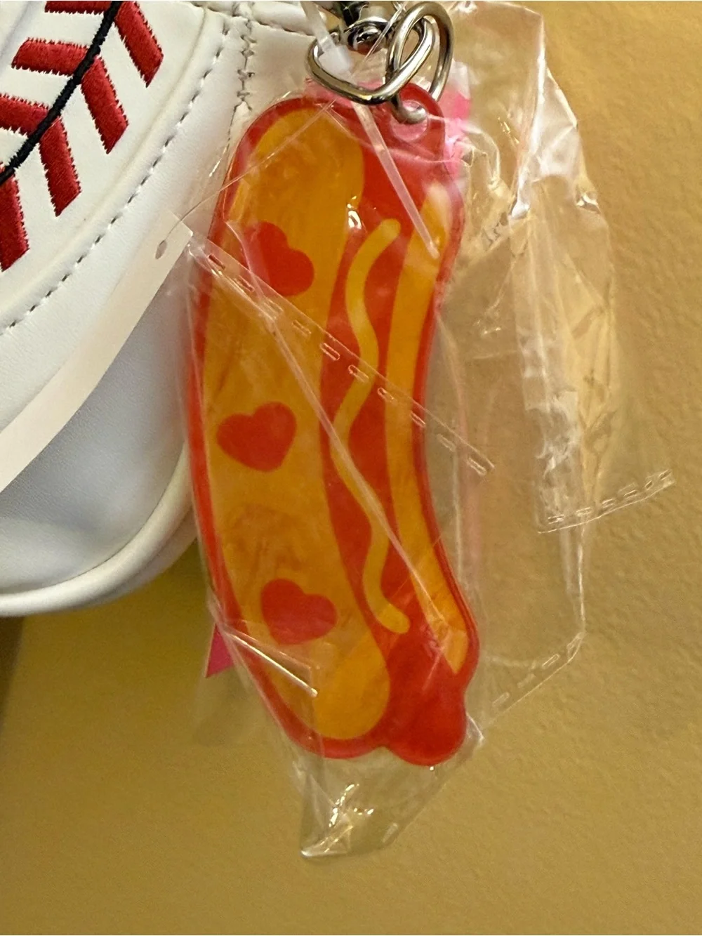 Betsey Johnson White/Red baseball/softball shoulder/crossbody. hotdog charm NWT
